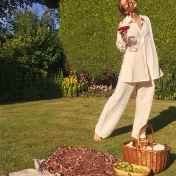 Shirt Pants 2 PC SET wide leg loose button collar spring summer womens cream - Picture 5 of 13